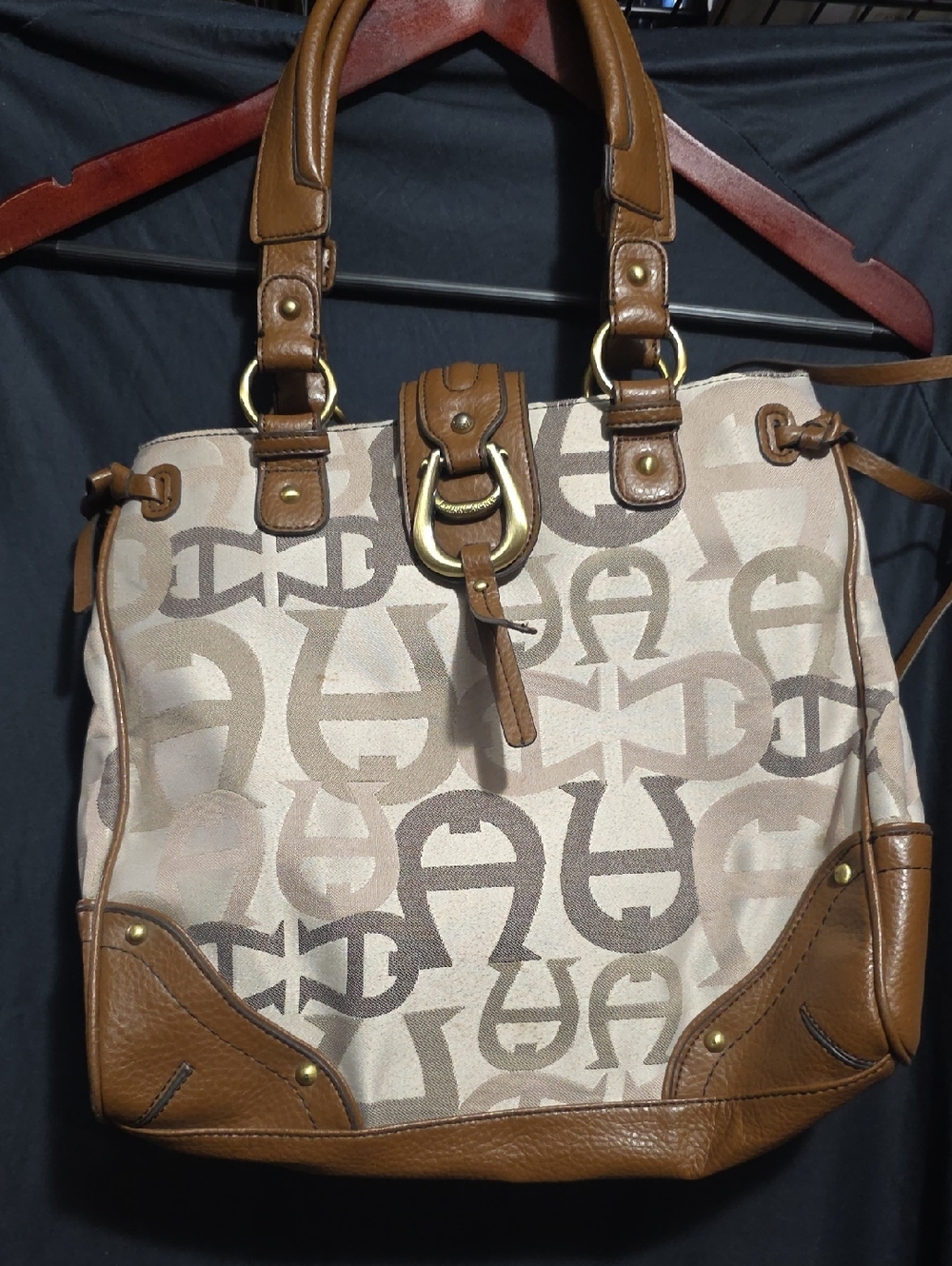 Vintage Etienne Aigner Beige & Brown Signature Canvas Tote with Leather Trim